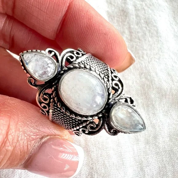 925 OMG! Gorgeous! Triple Rainbow Flash Moonstone Ring 6 7 8 9 10 - Picture 3 of 11